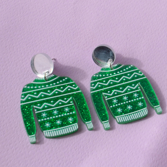 Χριστουγεννιάτικα Σκουλαρίκια Καρφωτά Πράσινο Πουλόβερ Green Sweater