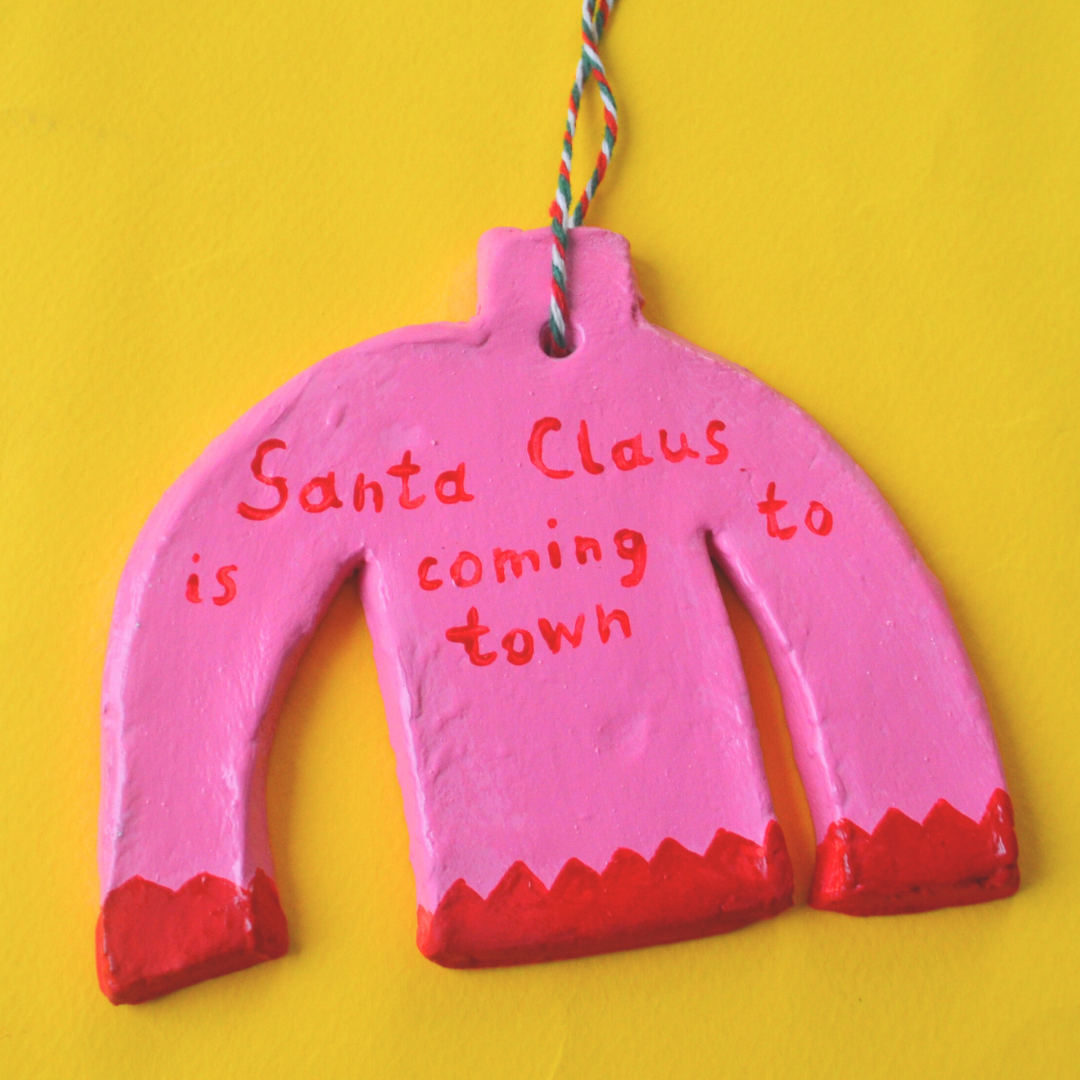 Χειροποίητο Χριστουγεννιάτικο Κεραμικό Στολίδι Ροζ Πουλόβερ Ugly Sweater Santa Claus