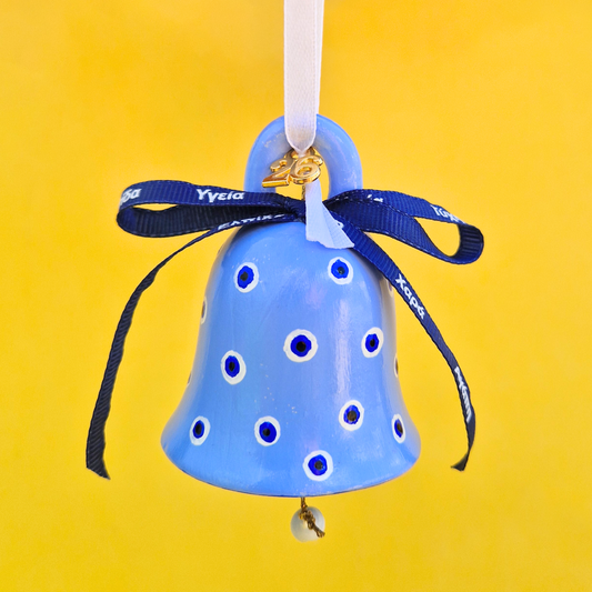 Κρεμαστό Χειροποίητο Κεραμικό Χριστουγεννιάτικο Γούρι 2026 Γαλάζιο Καμπανάκι με Μπλε Ματάκια