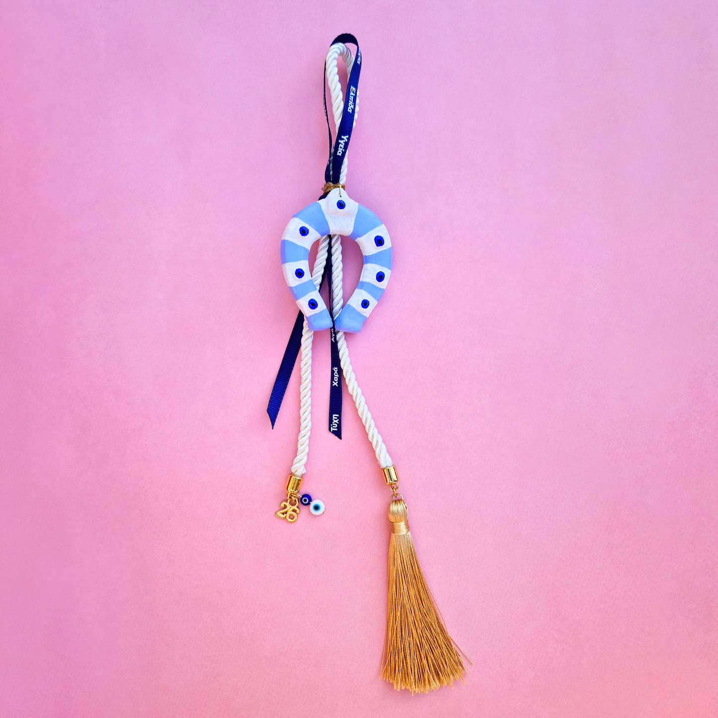 Κρεμαστό Χειροποίητο Κεραμικό Χριστουγεννιάτικο Γούρι 2026 Γαλάζιο Πέταλο με Μπλε Ματάκια