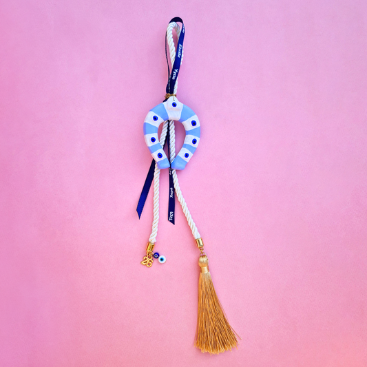 Κρεμαστό Χειροποίητο Κεραμικό Χριστουγεννιάτικο Γούρι 2026 Γαλάζιο Πέταλο με Μπλε Ματάκια