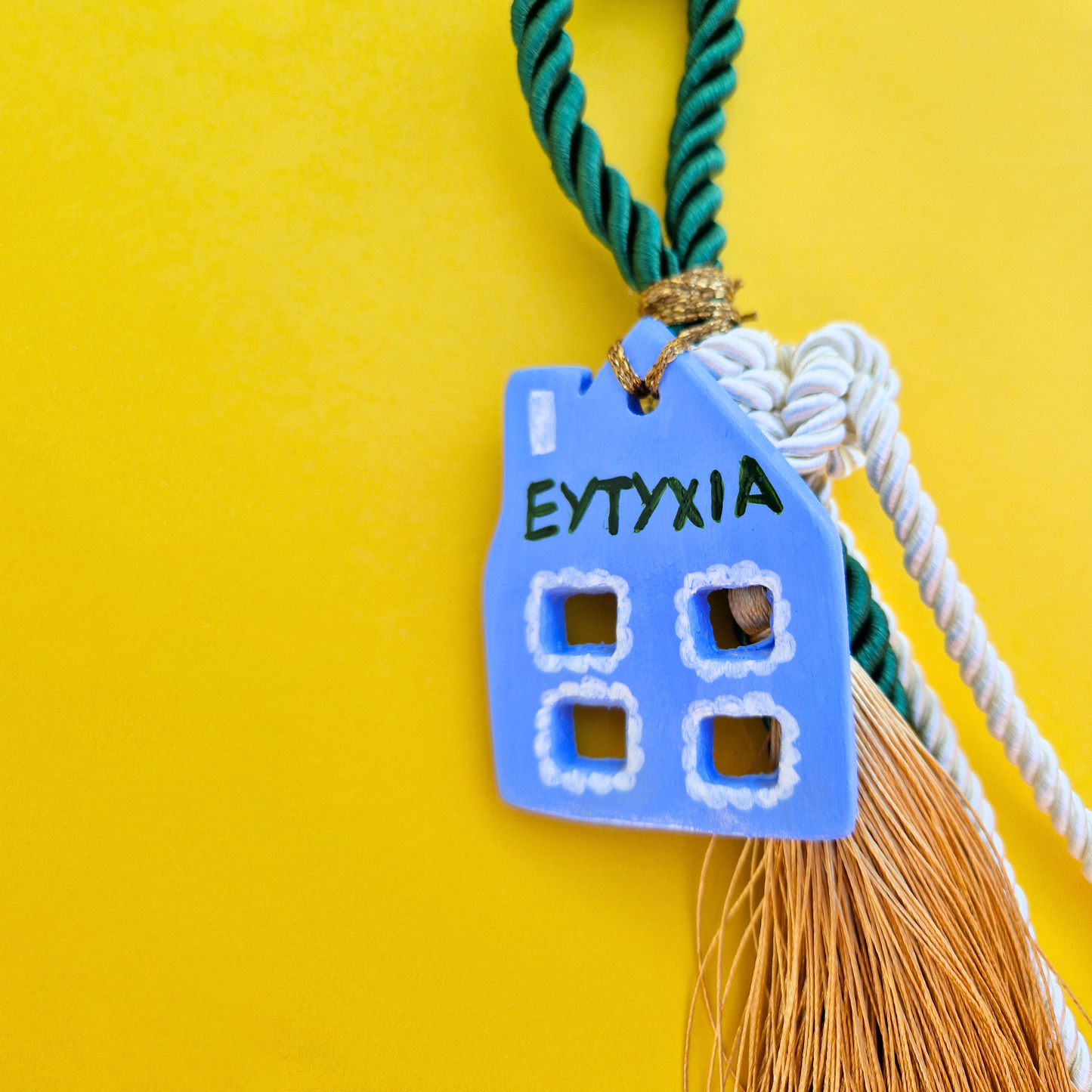 Κρεμαστό Χειροποίητο Κεραμικό Χριστουγεννιάτικο Γούρι 2026 Γαλάζιο Σπιτάκι Ευτυχία