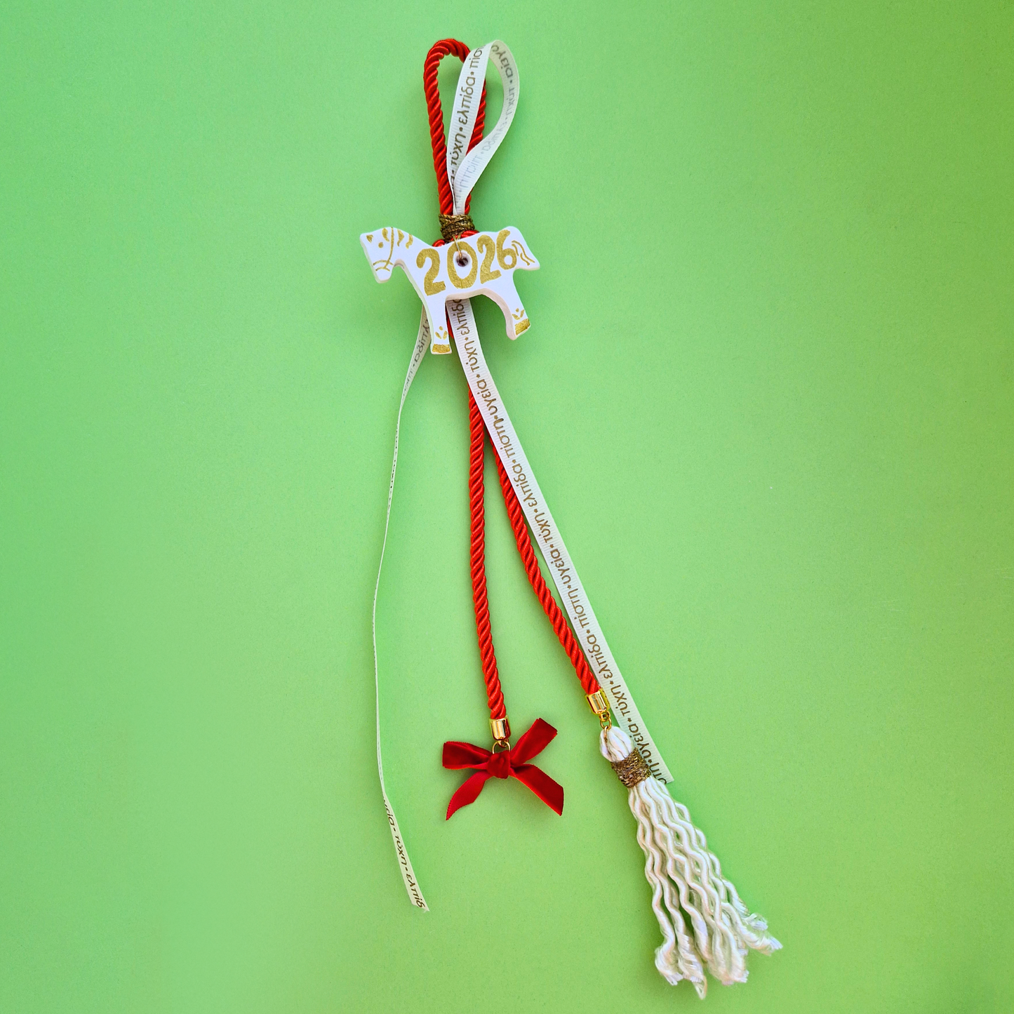 Κρεμαστό Χειροποίητο Κεραμικό Χριστουγεννιάτικο Γούρι 2026 Λευκόχρυσο Αλογάκι