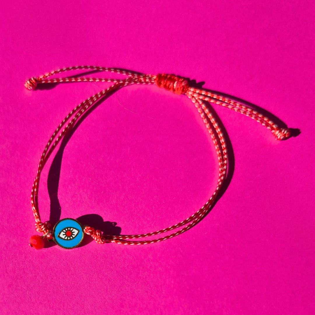 Μαρτάκι Χειροποίητο με Ατσάλινο Μάτι, Κόκκινο Κρυσταλλάκι και Μακραμέ για Ενήλικες και Παιδιά