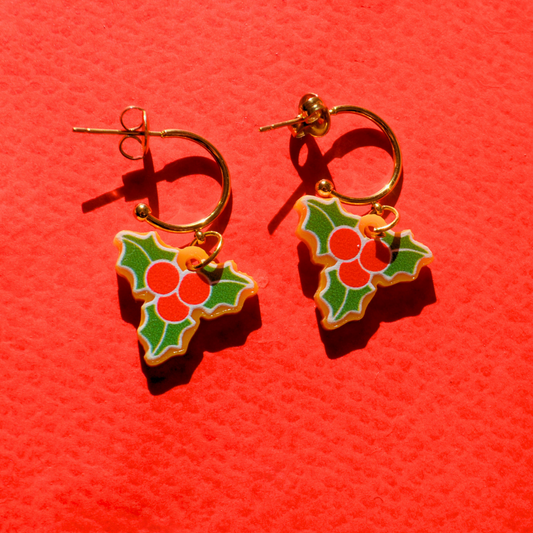 Χριστουγεννιάτικα Ατσάλινα Χρυσά Σκουλαρίκια με Πλέξι Γκι Mistletoe