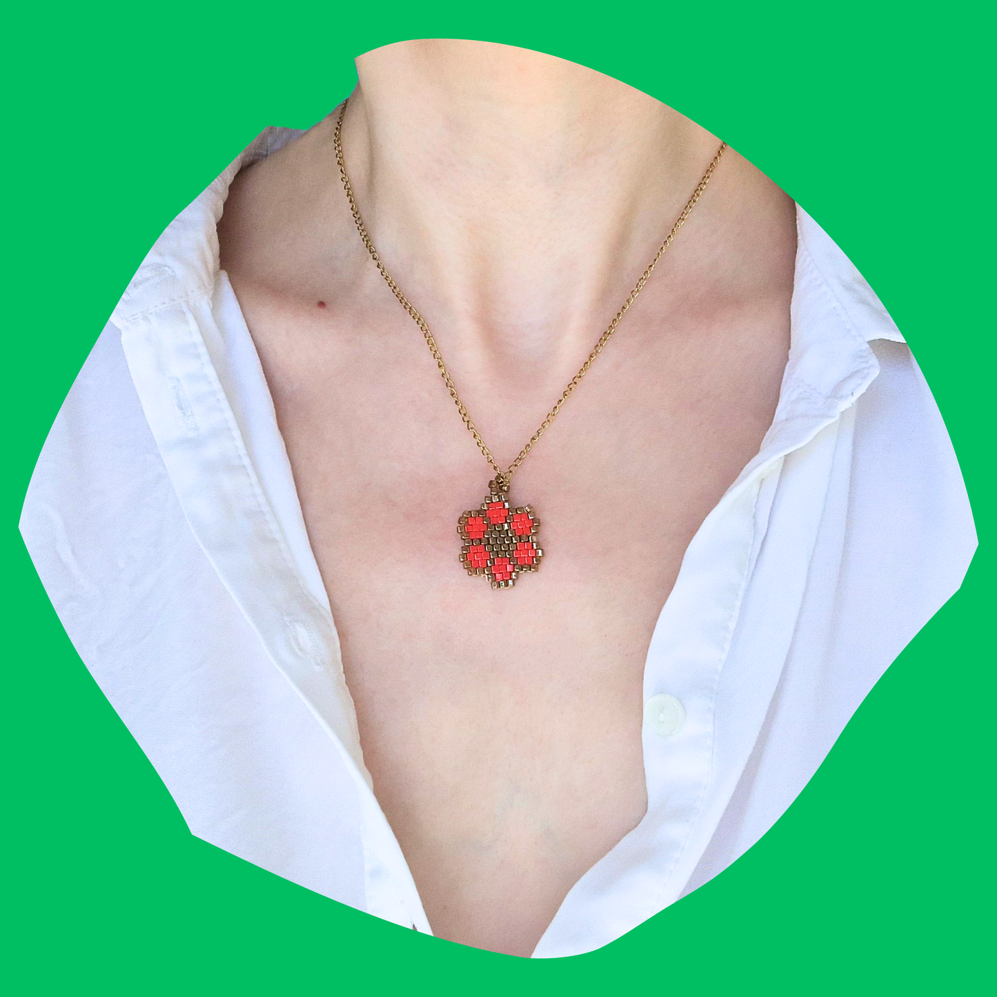 Χειροποίητο Κολιέ Κόκκινο-Χρυσό Λουλούδι από Χάντρες Miyuki σε Ατσάλινη Χρυσή Αλυσίδα