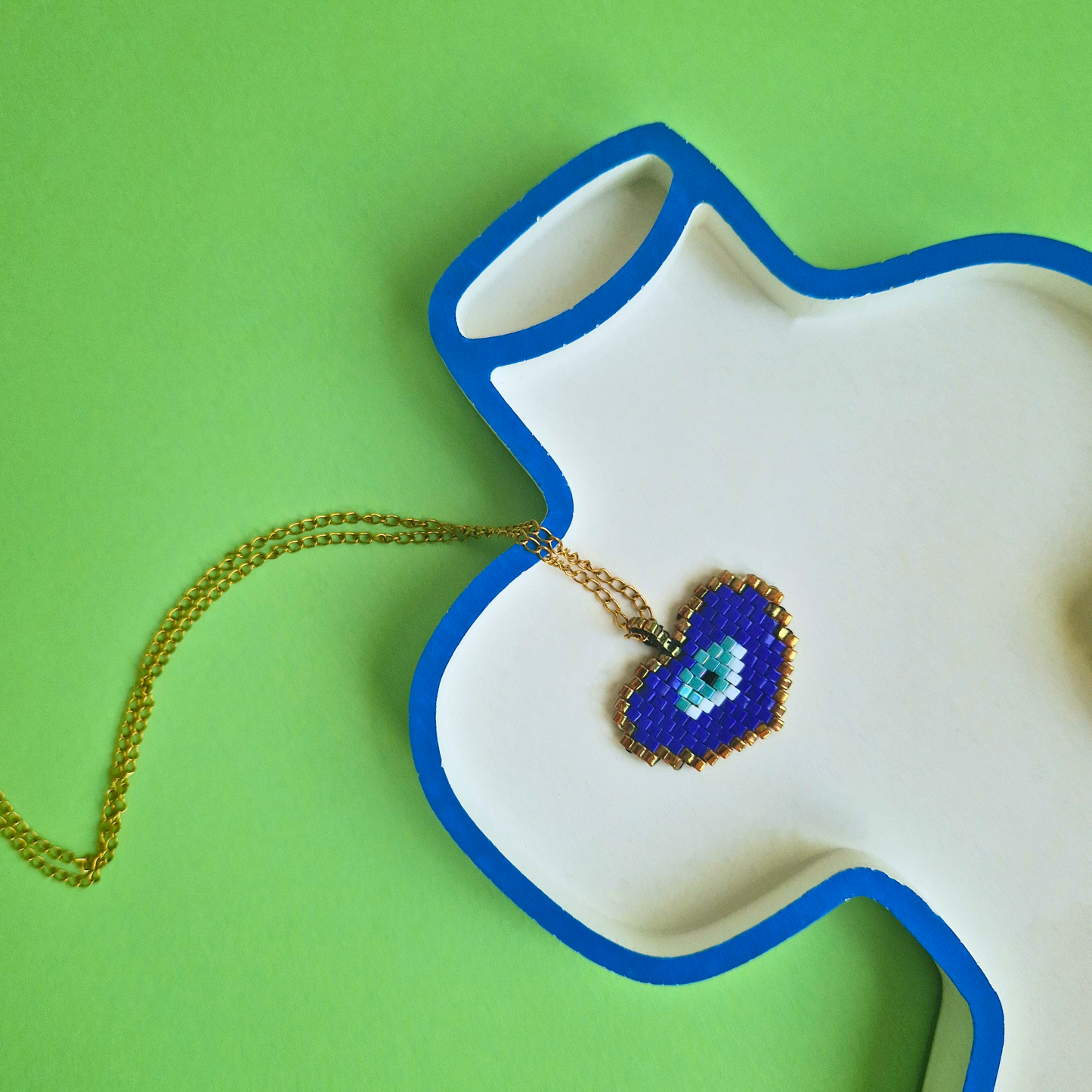 Χειροποίητο Κολιέ Μάτι-Μπλε Καρδιά από Χάντρες Miyuki σε Ατσάλινη Χρυσή Αλυσίδα