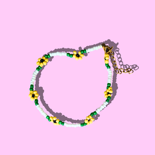 Παιδικό Χειροποίητο Βραχιόλι Ποδιού Λευκό με Ηλιοτρόπια από Χάντρες