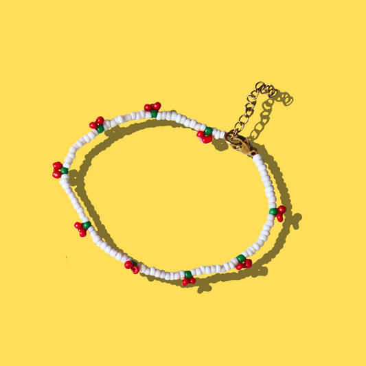 Παιδικό Χειροποίητο Βραχιόλι Ποδιού Λευκό με Κερασάκια από Χάντρες