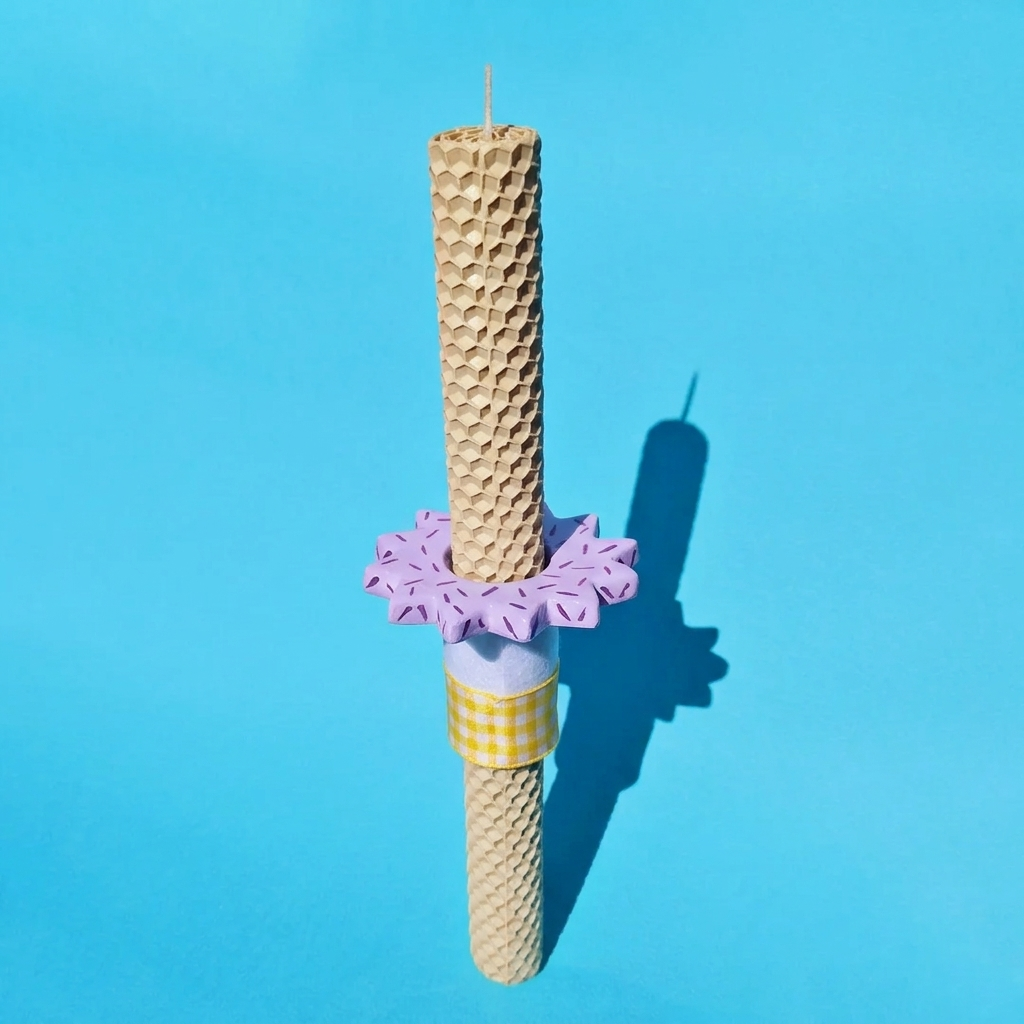 Πασχαλινή Λαμπάδα Χειροποίητη από Μελισσοκέρι Φυστικί με Κεραμικό Λιλά Στοιχείο