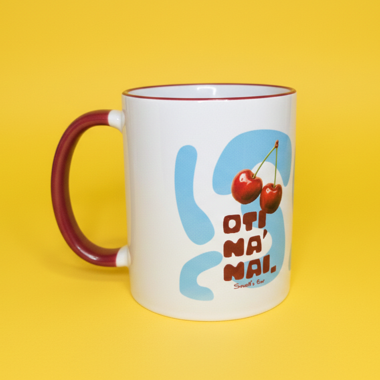 Πορσελάνινη Κούπα Κεράσια ΟΤΙ ΝΑ'ΝΑΙ Γαλάζια με Μπορντό Χρωματιστό Χείλος και Χερούλι