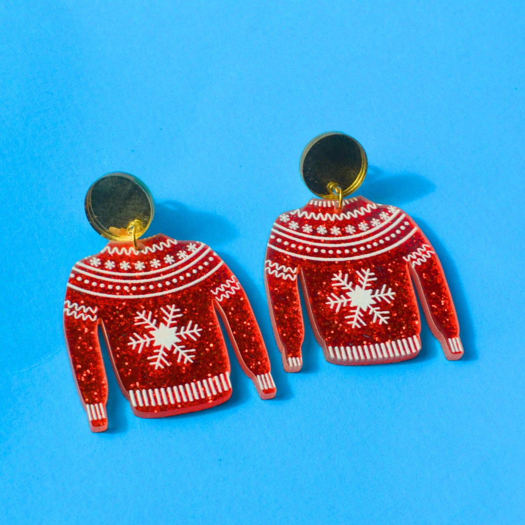 Χριστουγεννιάτικα Σκουλαρίκια Καρφωτά Κόκκινο Πουλόβερ Red Sweater
