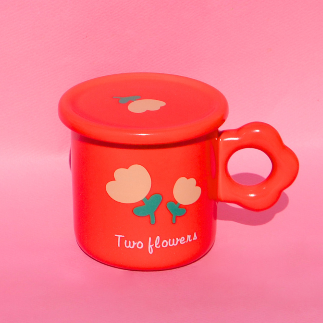 Κεραμική Κόκκινη Κούπα Flower με Κόκκινο Καπάκι και Floral Λαβή