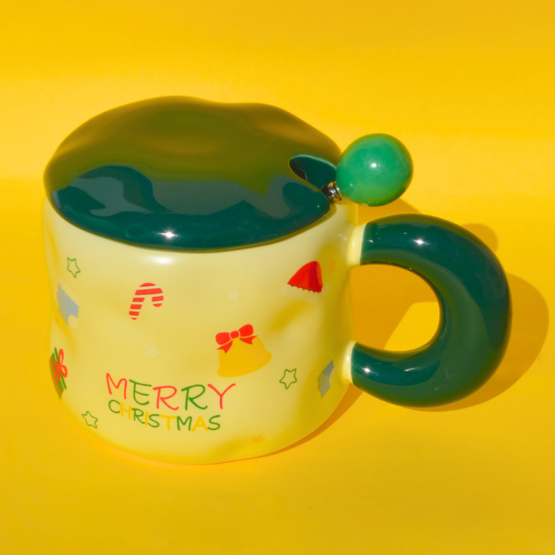 Χριστουγεννιάτικη Πορσελάνινη Λευκή Κούπα με Πράσινο Καπάκι και Κουτάλι