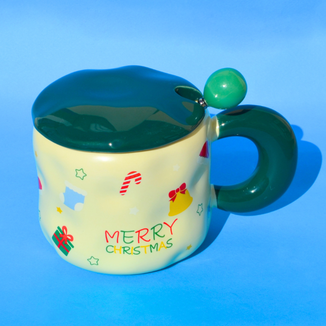 Χριστουγεννιάτικη Πορσελάνινη Λευκή Κούπα με Πράσινο Καπάκι και Κουτάλι
