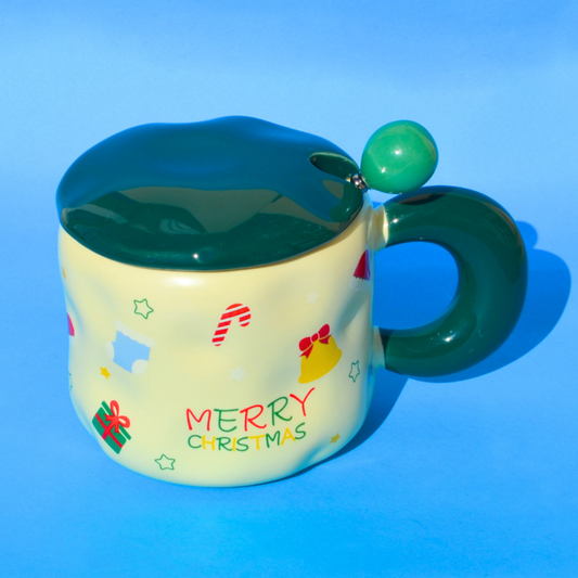 Χριστουγεννιάτικη Πορσελάνινη Λευκή Κούπα με Πράσινο Καπάκι και Κουτάλι