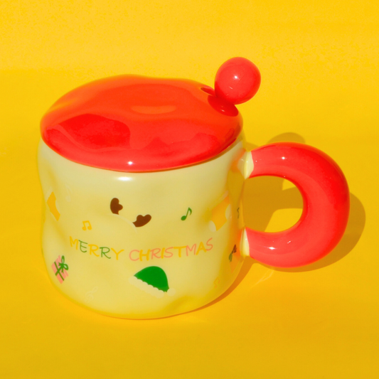 Χριστουγεννιάτικη Πορσελάνινη Λευκή Κούπα με Κόκκινη Καπάκι και Κουτάλι