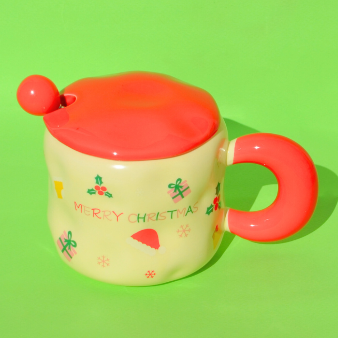 Χριστουγεννιάτικη Πορσελάνινη Λευκή Κούπα με Κόκκινο Καπάκι και Κουτάλι