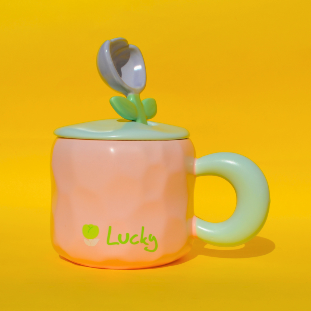 Κεραμική Ροζ Κούπα με Γαλάζιο Καπάκι και Λιλά Κουταλάκι σε Σχήμα Τουλίπας