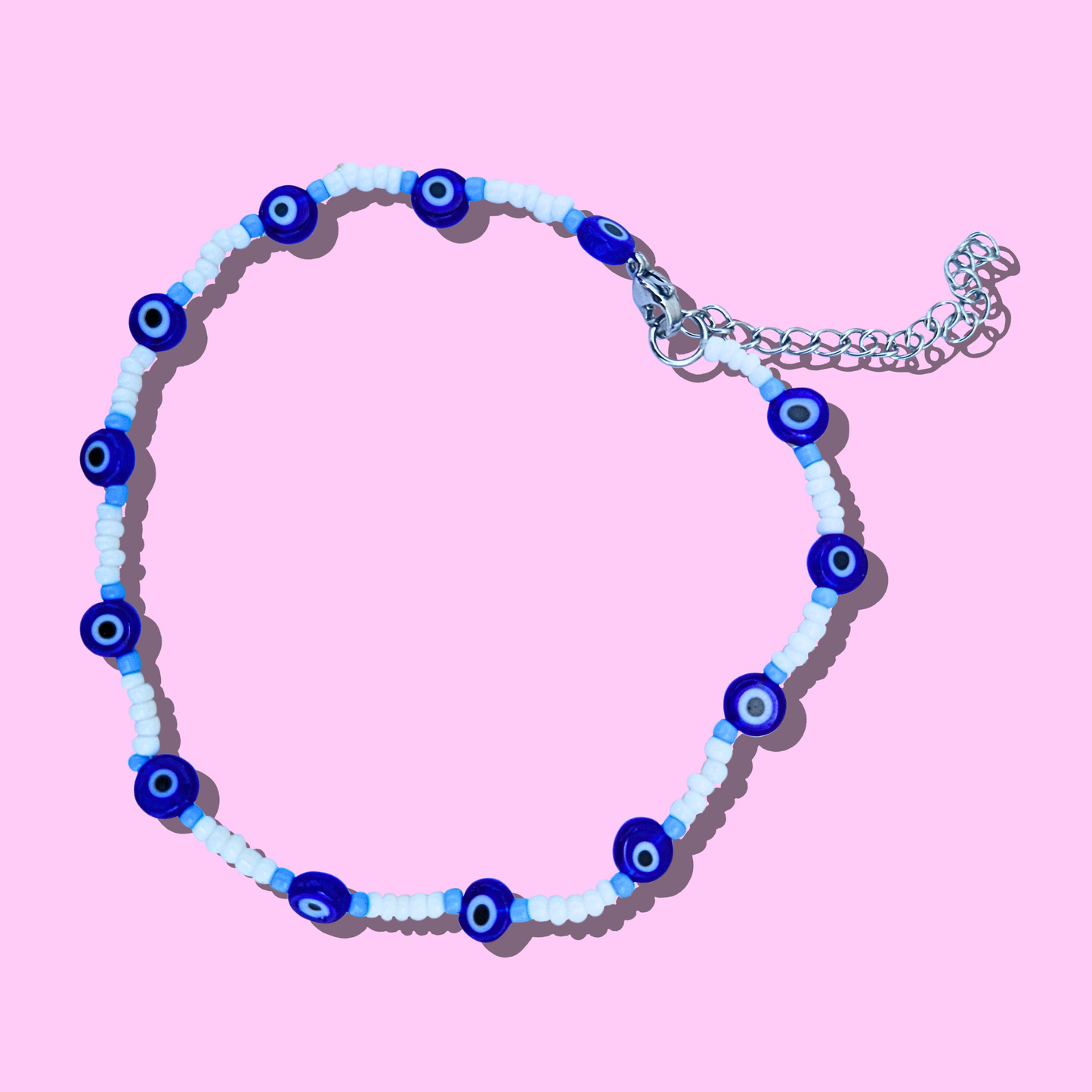 Χειροποίητο Βραχιόλι Ποδιού από Λευκές-Γαλάζιες Χάντρες και Ματάκια