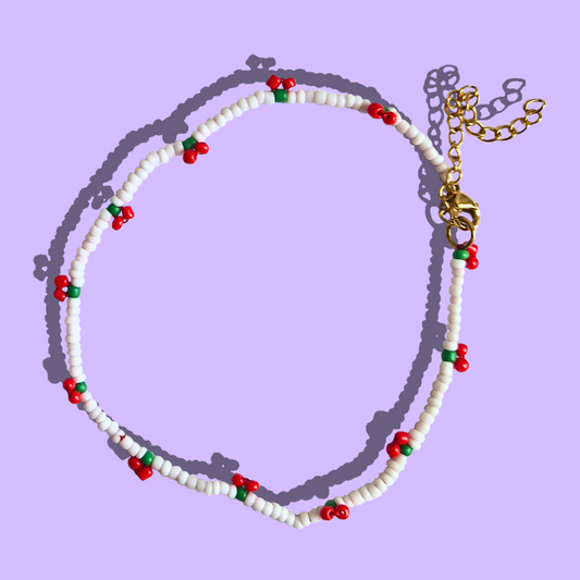 Χειροποίητο Βραχιόλι Ποδιού Λευκό με Κερασάκια από Χάντρες