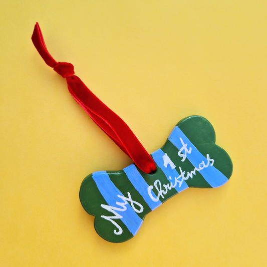 Χειροποίητο Χριστουγεννιάτικο Κεραμικό Στολίδι Γαλάζιο-Πράσινο Ριγέ Κόκκαλο My First Christmas