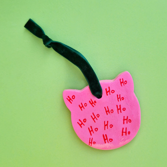 Χειροποίητο Χριστουγεννιάτικο Κεραμικό Στολίδι Κίτρινη Ροζ Γατούλα Ho-Ho