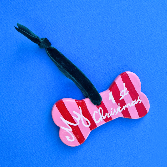 Χειροποίητο Χριστουγεννιάτικο Κεραμικό Στολίδι Κόκκινο-Ροζ Ριγέ Κόκκαλο My First Christmas