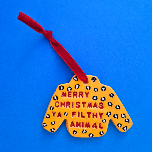 Χειροποίητο Χριστουγεννιάτικο Κεραμικό Στολίδι Λεοπάρ Κίτρινο Πουλόβερ Merry Christmas Ya Filthy Animal