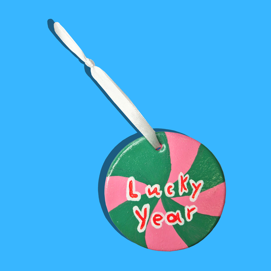 Χειροποίητο Χριστουγεννιάτικο Κεραμικό Στολίδι Ροζ-Πράσινο Lucky Year