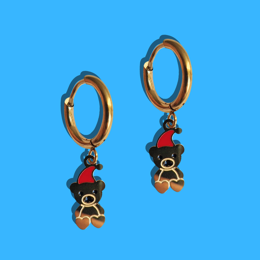 Χριστουγεννιάτικα Ατσάλινα Χρυσά Σκουλαρίκια Αρκουδάκι με Σμάλτο