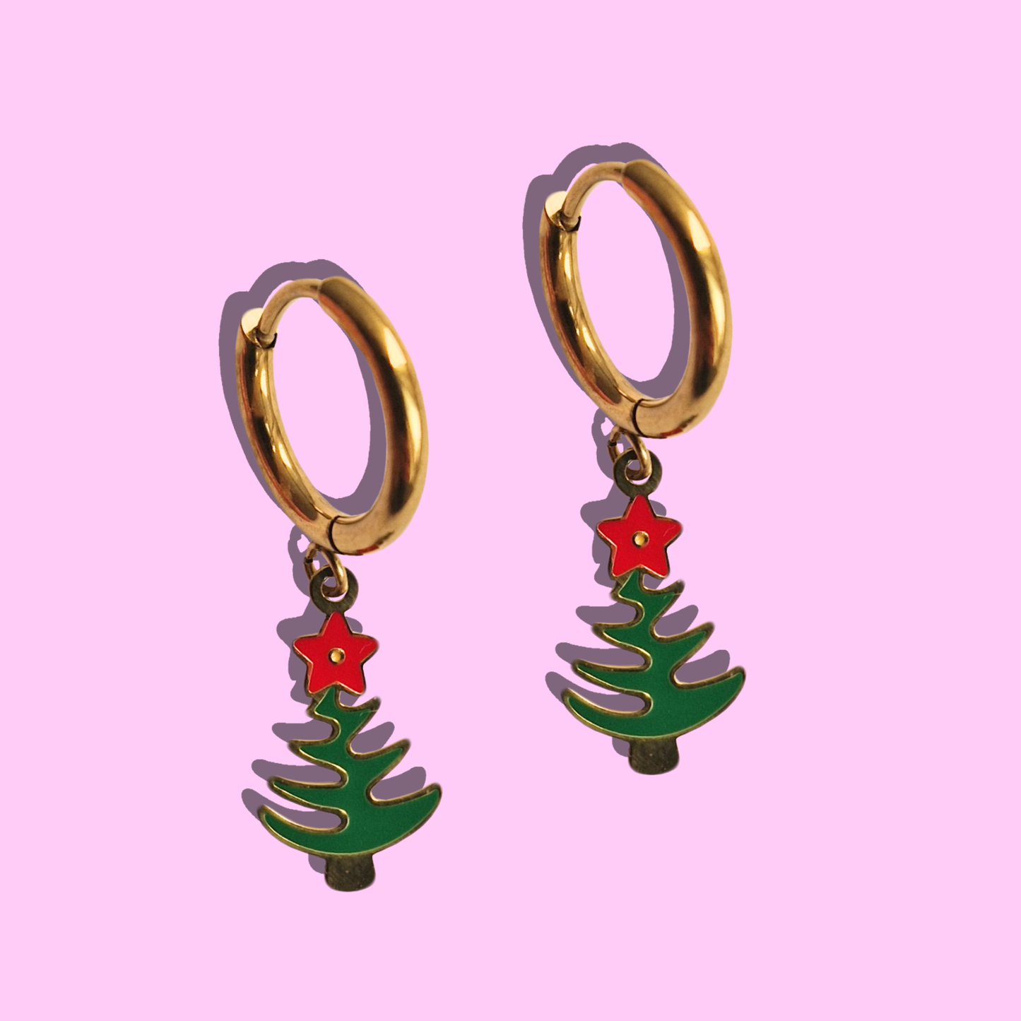 Χριστουγεννιάτικα Ατσάλινα Χρυσά Σκουλαρίκια Έλατο με Σμάλτο