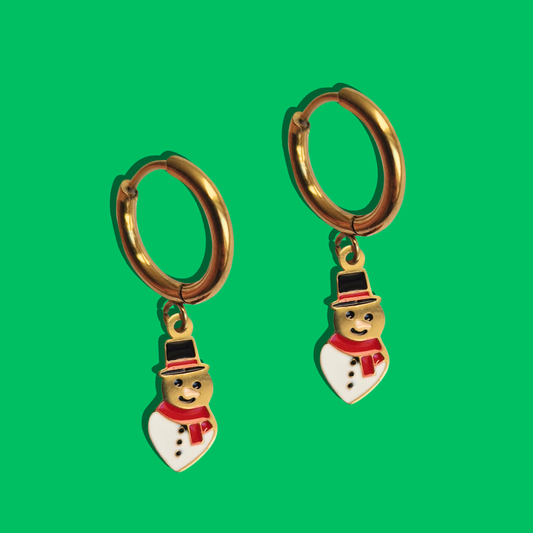 Χριστουγεννιάτικα Ατσάλινα Χρυσά Σκουλαρίκια Χιονάνθρωπος με Σμάλτο