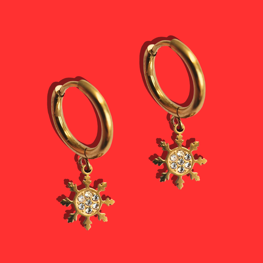 Χριστουγεννιάτικα Ατσάλινα Χρυσά Σκουλαρίκια Χιονονιφάδα με Ζιργκόν