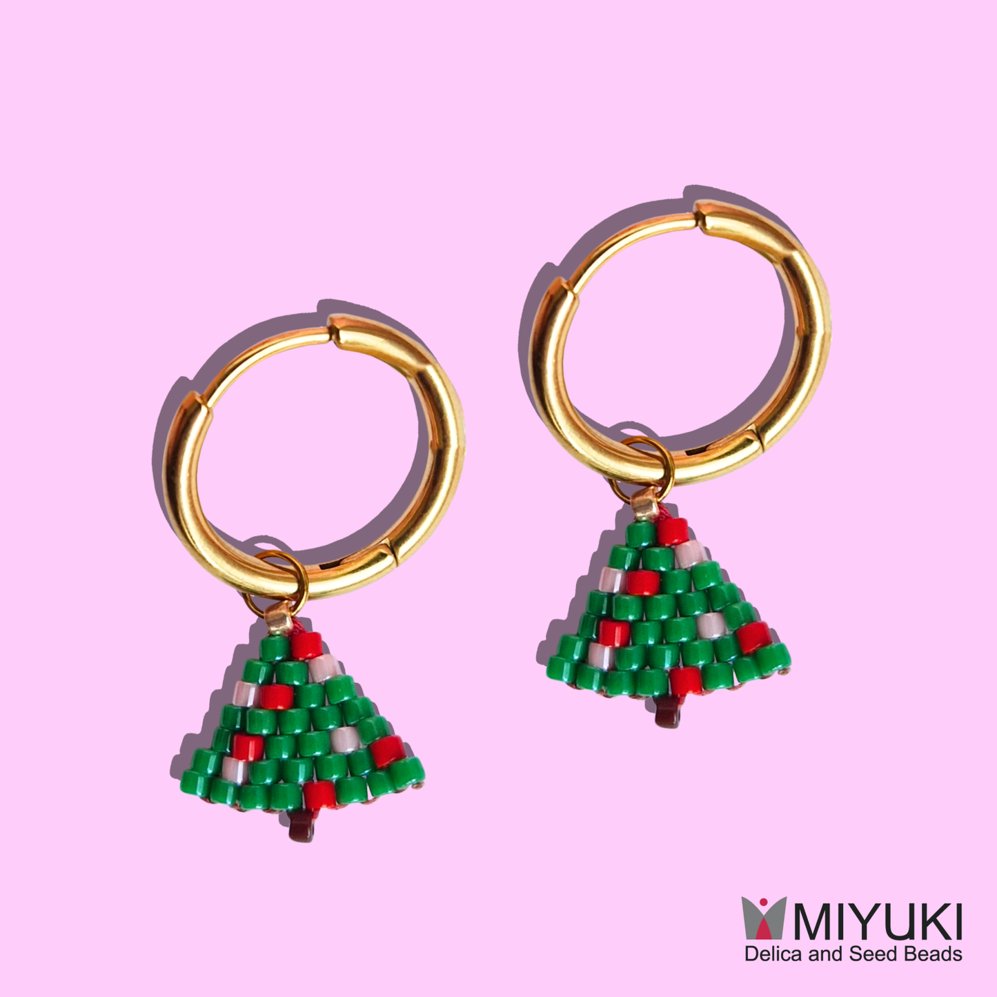 Χριστουγεννιάτικα Χειροποίητα Ατσάλινα Χρυσά Σκουλαρίκια Έλατο από Χάντρες Miyuki