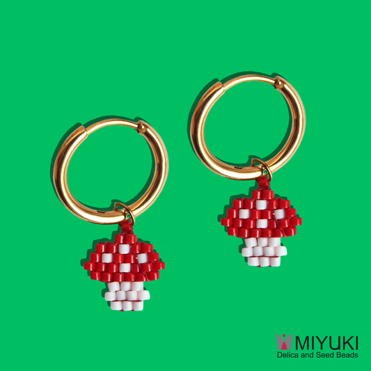 Χριστουγεννιάτικα Χειροποίητα Ατσάλινα Χρυσά Σκουλαρίκια Μανιταράκι από Χάντρες Miyuki