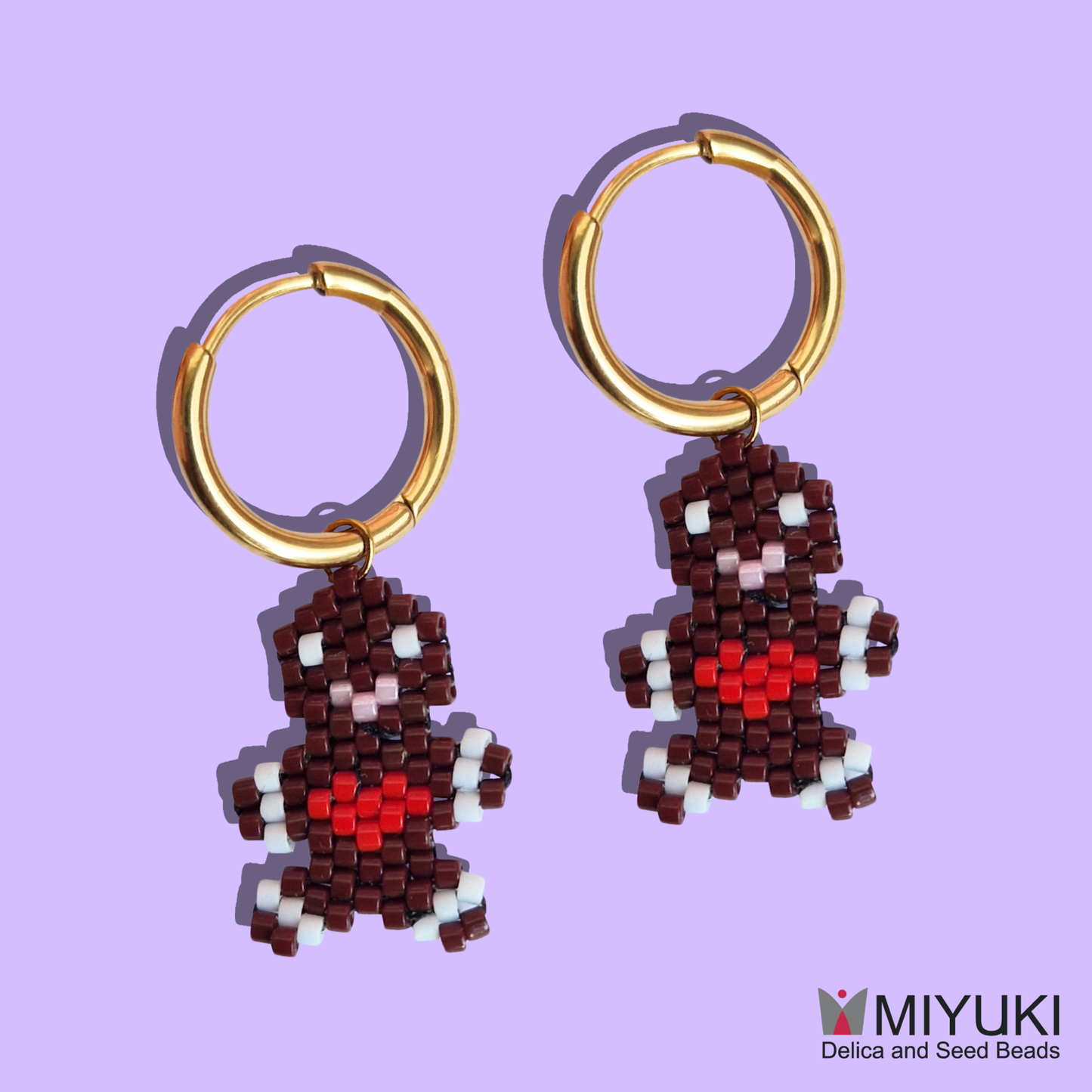 Χριστουγεννιάτικα Χειροποίητα Ατσάλινα Χρυσά Σκουλαρίκια Μπισκοτάκι από Χάντρες Miyuki Gingerbread Man