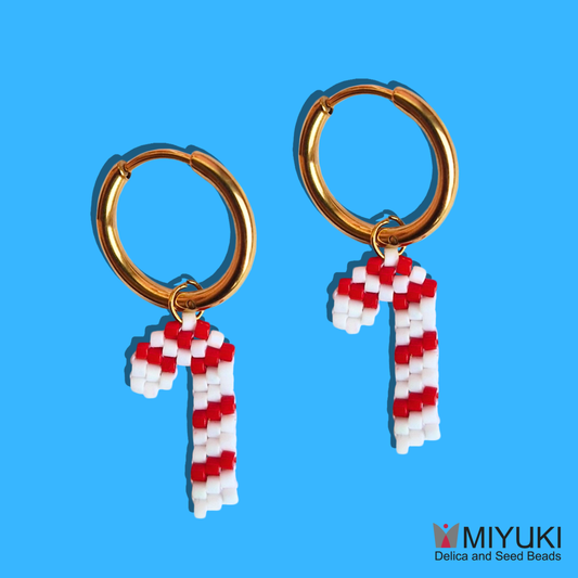 Χριστουγεννιάτικα Χειροποίητα Ατσάλινα Χρυσά Σκουλαρίκια Ζαχαρωτό από Χάντρες Miyuki Christmas Candy