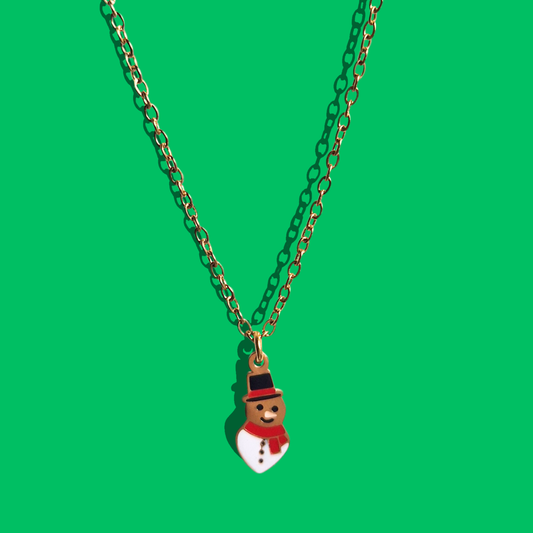 Χριστουγεννιάτικο Ατσάλινο Κολιέ Χιονάνθρωπος με Σμάλτο σε Ατσάλινη Χρυσή Αλυσίδα