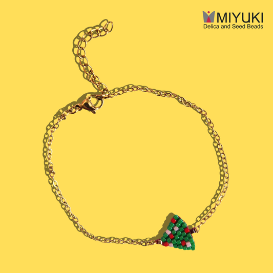 Χριστουγεννιάτικο Χειροποίητο Βραχιόλι Χεριού Έλατο από Χάντρες Miyuki σε Ατσάλινη Χρυσή Αλυσίδα