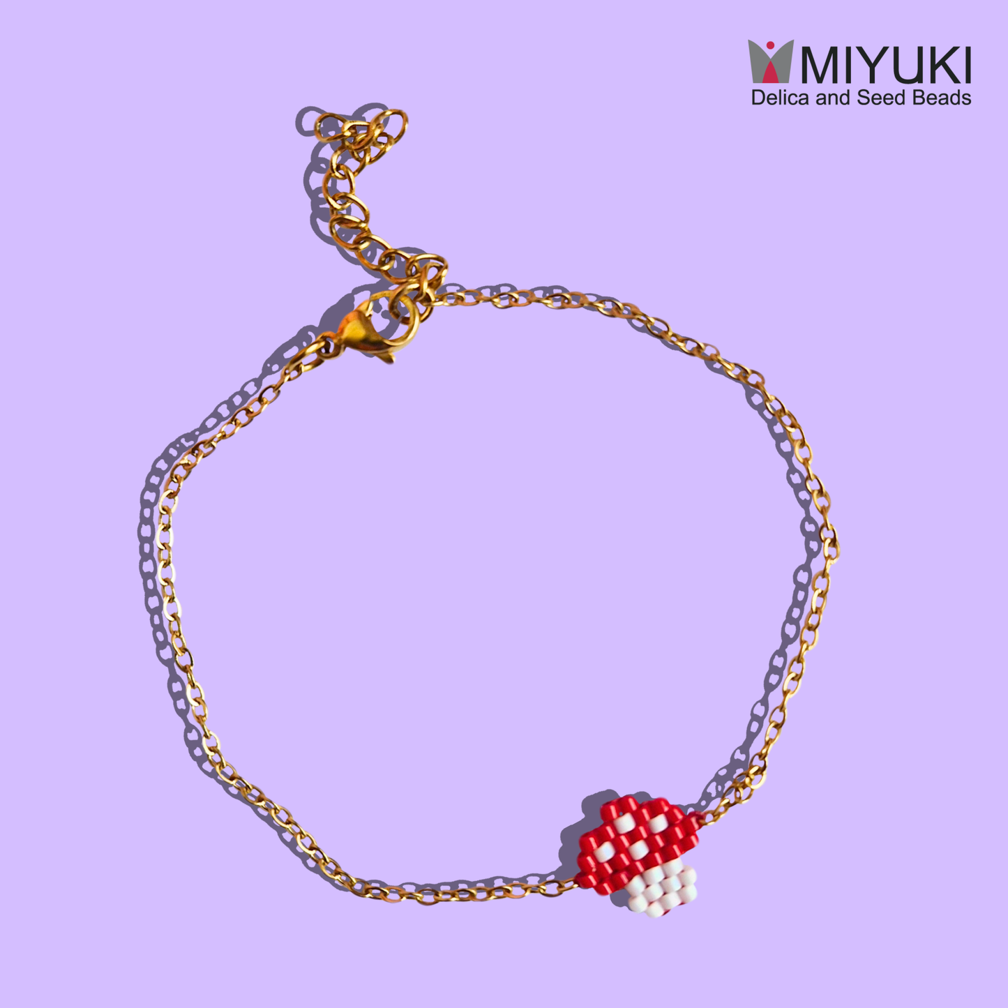 Χριστουγεννιάτικο Χειροποίητο Βραχιόλι Χεριού Μανιταράκι από Χάντρες Miyuki σε Ατσάλινη Χρυσή Αλυσίδα