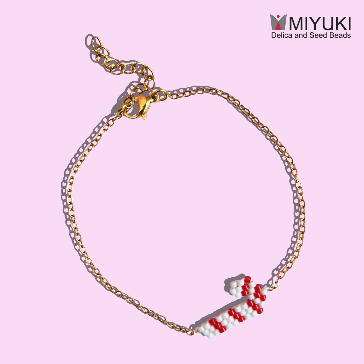 Χριστουγεννιάτικο Χειροποίητο Βραχιόλι Χεριού Ζαχαρωτό από Χάντρες Miyuki σε Ατσάλινη Χρυσή Αλυσίδα Christmas Candy