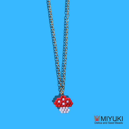 Χριστουγεννιάτικο Χειροποίητο Κολιέ Μανιταράκι από Χάντρες Miyuki σε Ατσάλινη Χρυσή Αλυσίδα